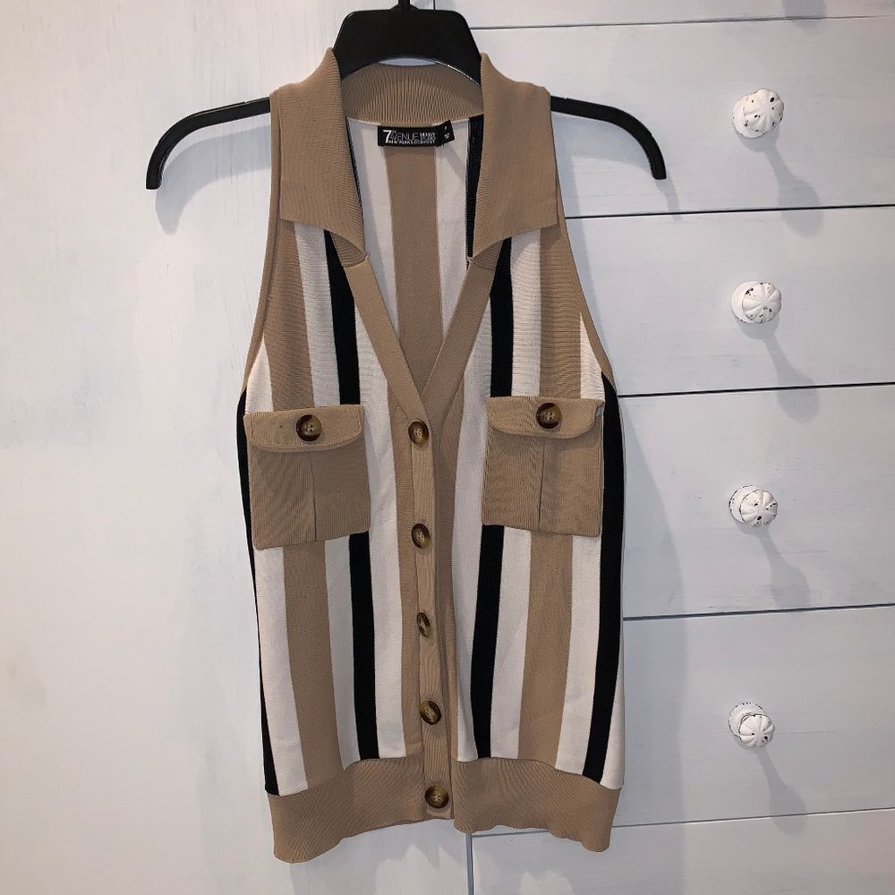 Black, White, Beige Striped Tank Top Button Up